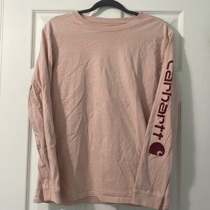 Carhartt, Women’s Pink Long Sleeve Cotton T, Maroon Logo on Sleeve